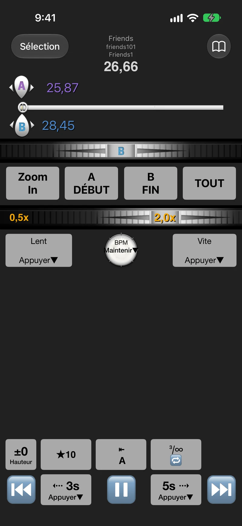 Lecteur avec répétition A–B sur iPhone