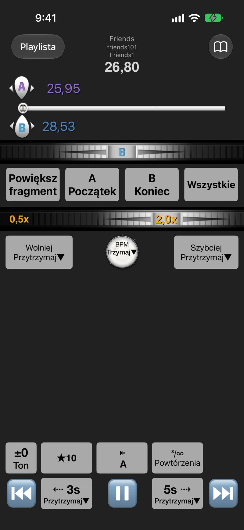 Odtwarzacz z pętlą A–B na iPhone