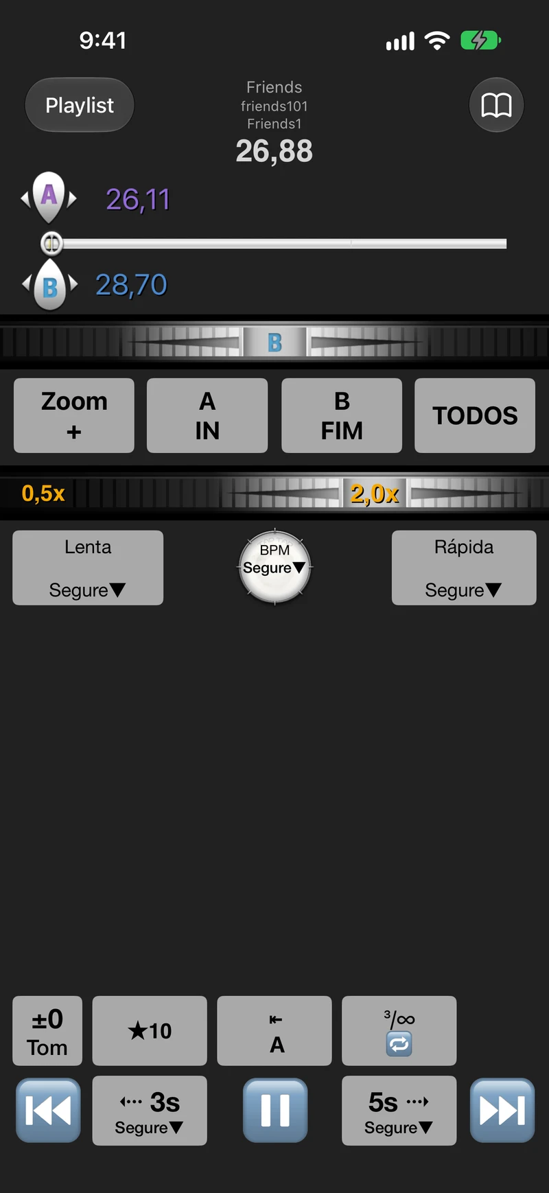 Player com loop A–B no iPhone