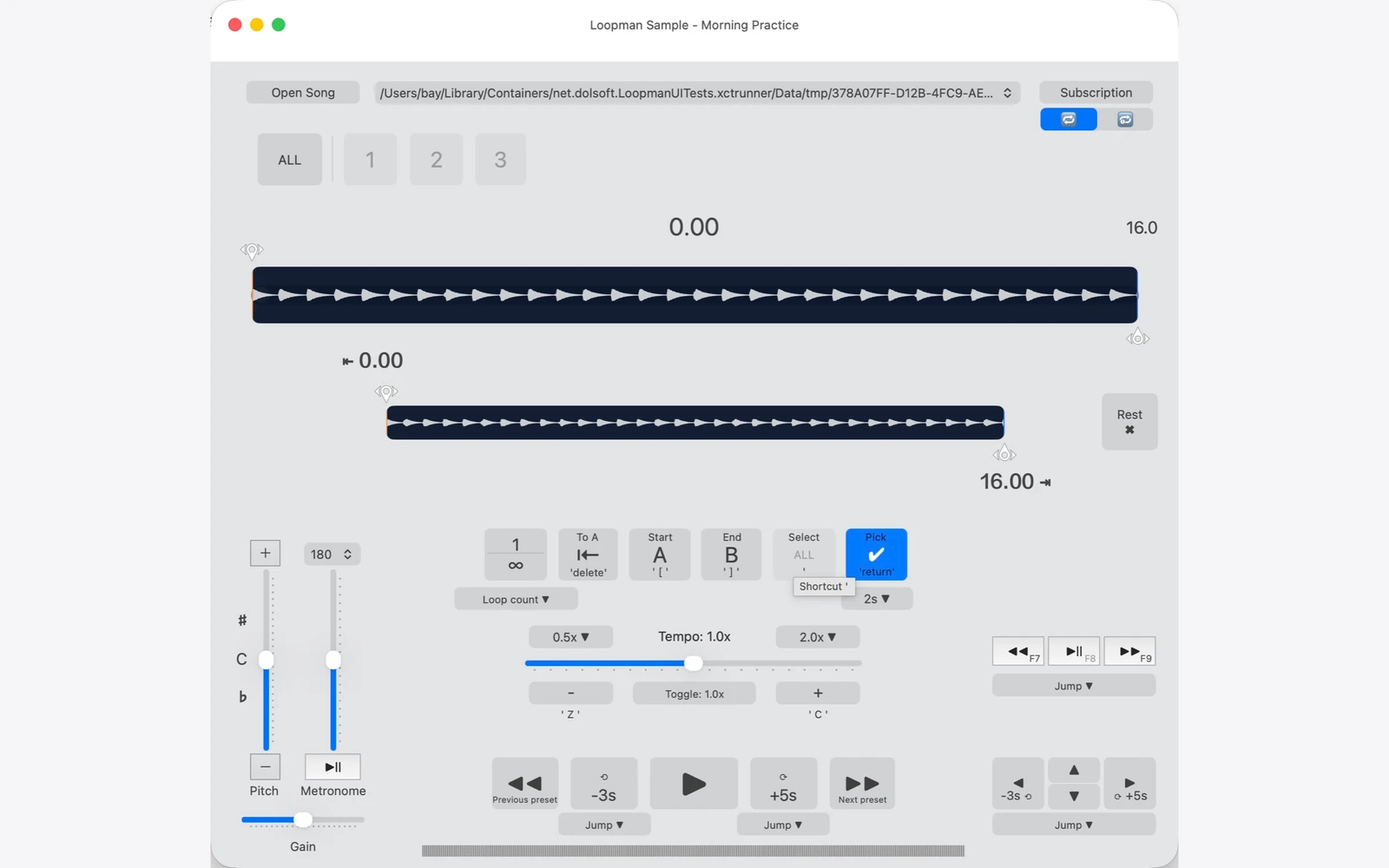 Loopman على Mac مع ملف صوتي مفتوح وعرضين للموجة الصوتية؛ الواجهة باللغة الإنجليزية